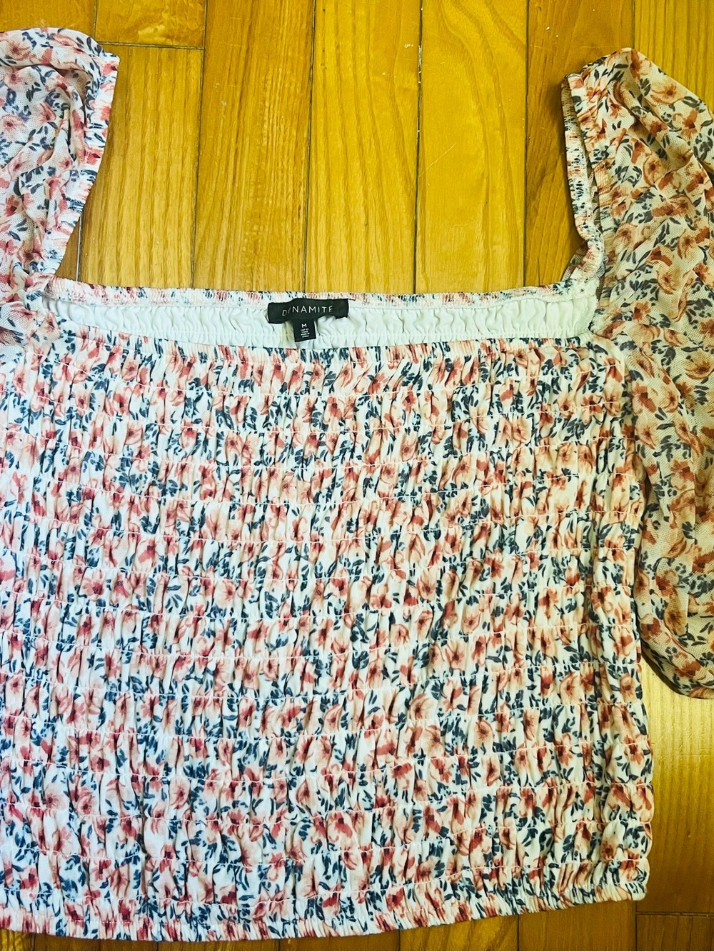 Dynamite Pink and Navy Floral Smocked Off-Shoulder Crop Top- Size Medium - Picture 1 of 2